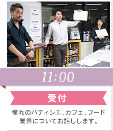 13:00 受付開始/業界説明会 憧れのパティシエ、カフェ、フード業界についてお話しします。